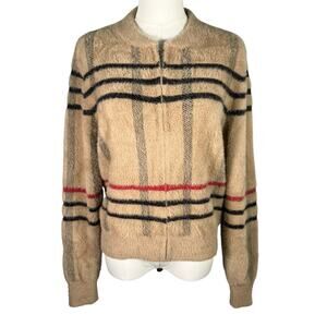 80 Park Fuzzy Plaid Zip Jacket Size L Beige Red Black Tan Check Cozy Soft Bomber